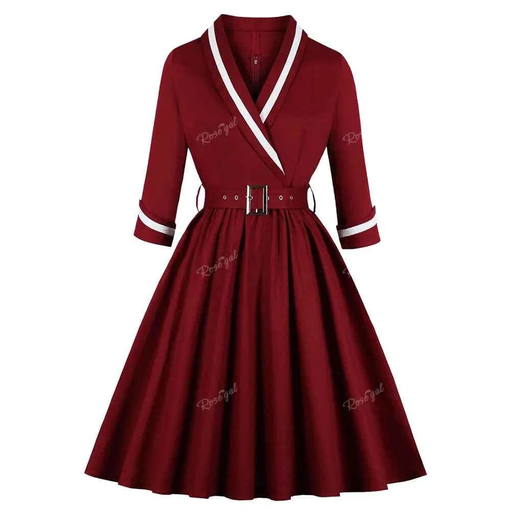 ROSEGAL Plus Size Surplice Zipper Back Vintage Dress With Belt Women Spring Autumn Three Quarter Sleeve V-Neck Sashes Dresses 4X