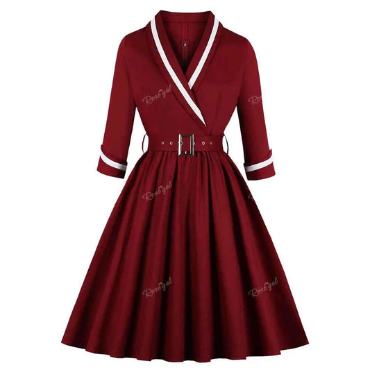 ROSEGAL Plus Size Surplice Zipper Back Vintage Dress With Belt Women Spring Autumn Three Quarter Sleeve V-Neck Sashes Dresses 4X