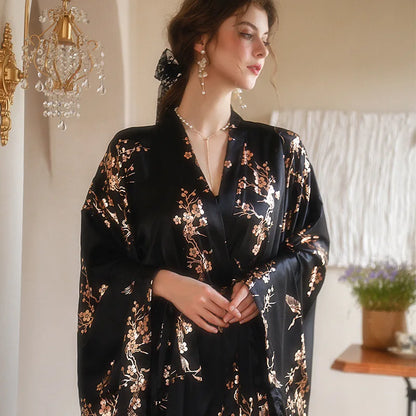 Luxury Burgundy Kimono Robe Women Wedding Bride Bathrobe Sexy Bronzing Flower Morning Dressing Gown Elegant Sleepwear Nightgown - AMULET RING STORE