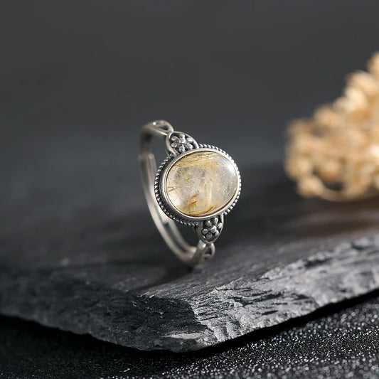 Natural Crystal Ring S925 Silver Adjustable Open Bands Rutilated Quartz Healing Stone Golden Needles Handmade Boho Jewelry - AMULET RING STORE