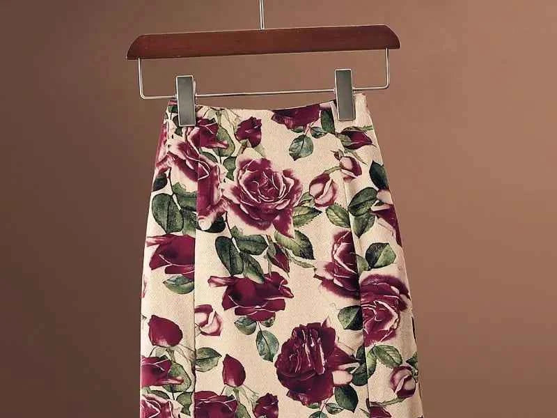 Rose Floral Print Vintage Elegant Chic A-line High Waist Trumpet Women's Skirt Mid-Calf Long Skirts For Women Clothing Fashion