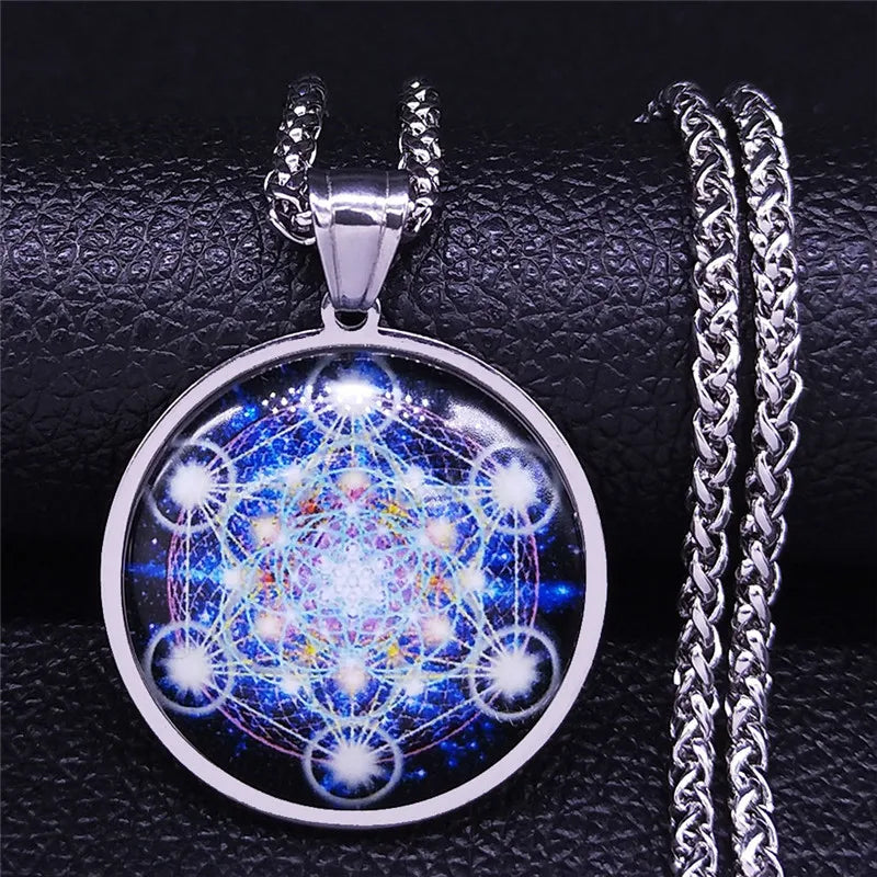 Seal of Seven Archangels Medal Stainless Steel Glass Necklace