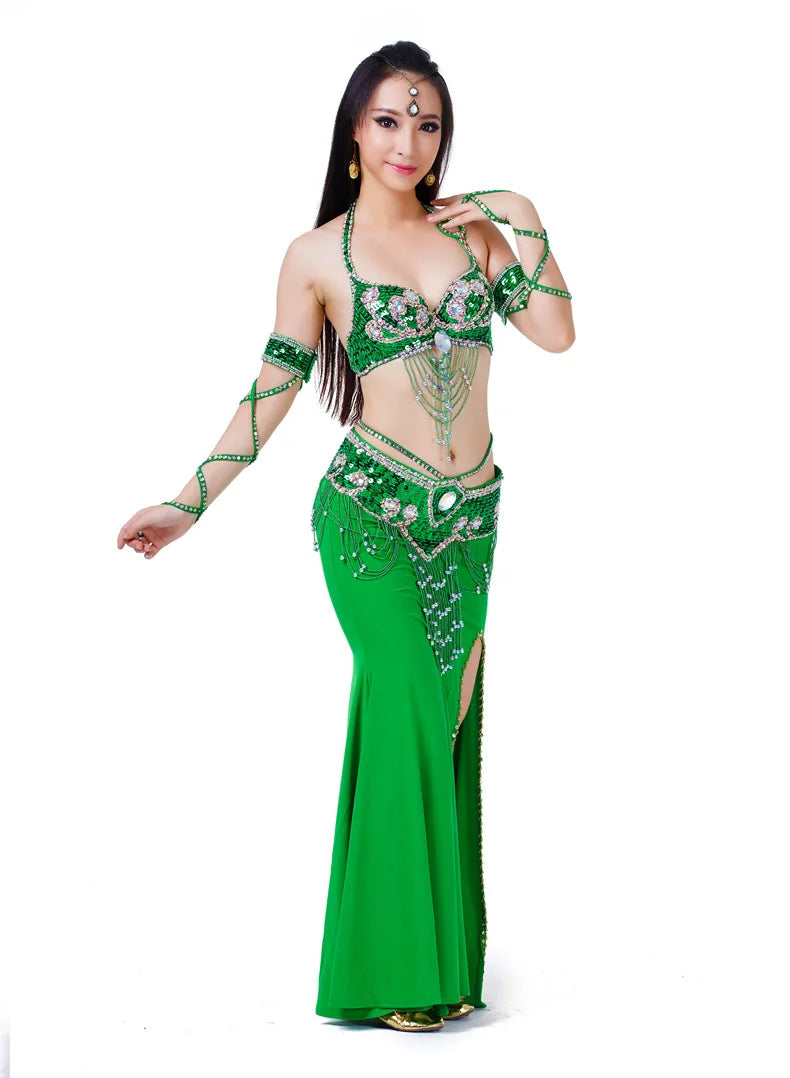 Hot Selling Ladies Beaded Sequins Belly Dance Accessories Belts + Bra Samba Costume Club Bra