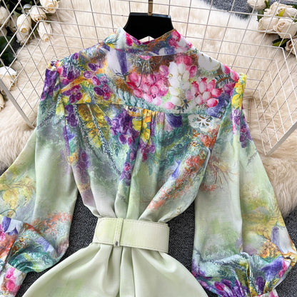 Autumn Vintage Flower Maxi Dress Women's Lantern Long Sleeve Stand Single-Breasted A-Line Flower Printed Ruffles Robe Vestidos