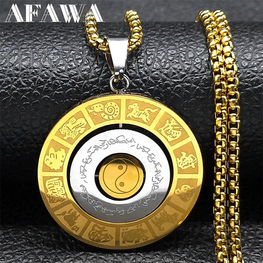 Rotating Chinese 12 Zodiac Nine Palaces Bagua Necklace