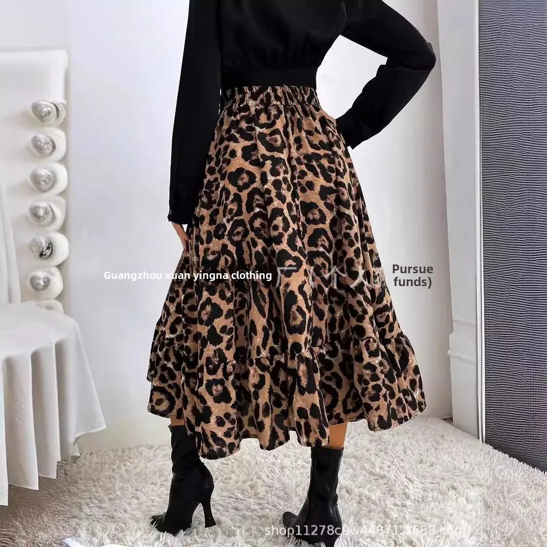 Elegant Leopard Print Halter Neck Mini Dress Polyester Fiber Ruffles Decoration Cross-Border New Arrival 2024 Women's Skirt - AMULET RING STORE