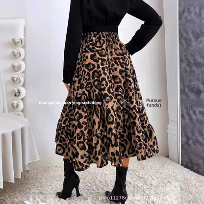 Elegant Leopard Print Halter Neck Mini Dress Polyester Fiber Ruffles Decoration Cross-Border New Arrival 2024 Women's Skirt - AMULET RING STORE