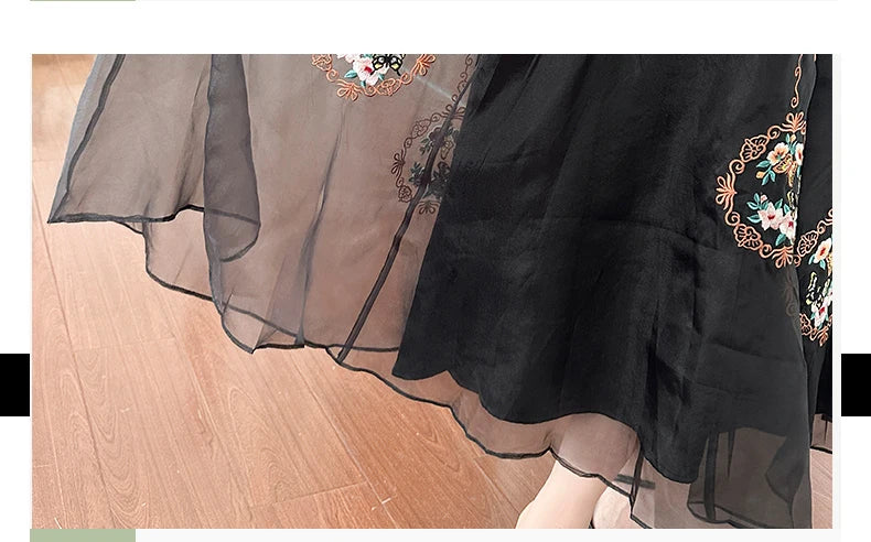Chinese Style Retro Long Skirt Flowers Embroidered Summer Fairy Skirt Elastic Waist Gauze Skirt Party Lady A-line Skirts