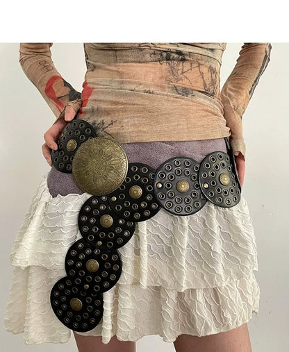 Spice Girl Y2K Harajuku Style Vintage Rivet Patchwork Design Wide Belts For Women High Street Faux Leather Waistband cinturones - AMULET RING STORE
