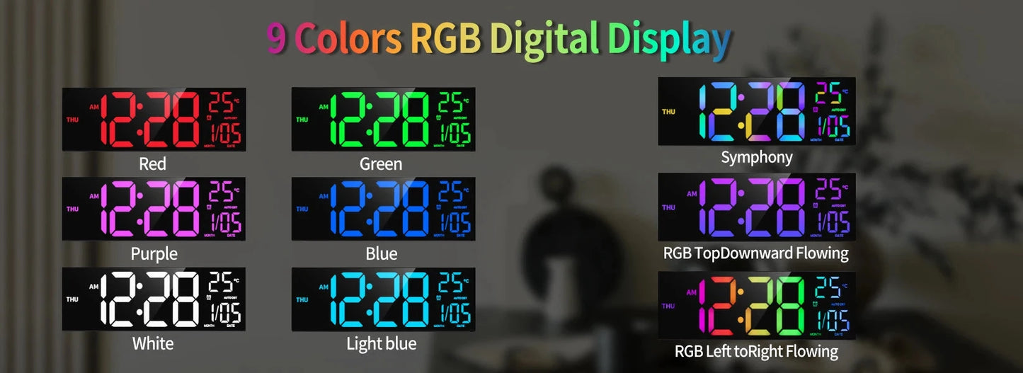 16" Large Digital Wall Clock, Big LED Display with Remote, 8 RGB Color, Alarm, DST, Temperature for Living Room, Kitchen