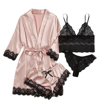 2025New Women's Pajama Fashion 4-piece Set Lace Satin Strap Sexy Pajama Set Dress Skin friendly Comfortable Casual Pajama Skirt - AMULET RING STORE