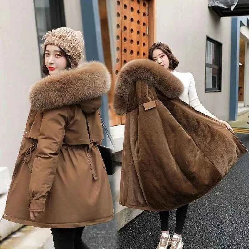 2025 Winter Women's Parka Cotton Padded Coat Korean Style Mid Length Waist Cinching Thickened for Cold Suitable for Short Girls