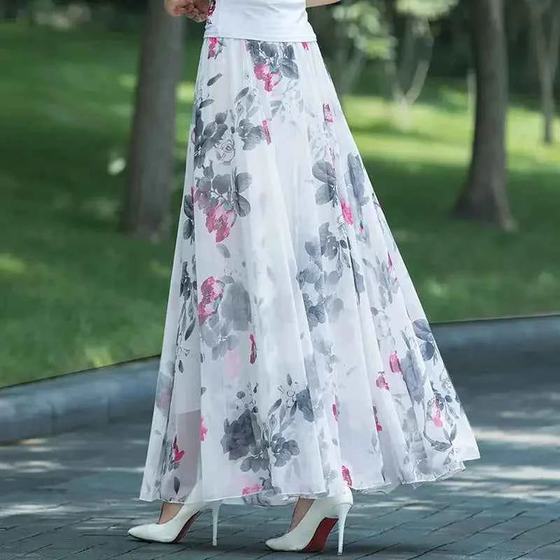 Chiffon Floral Maxi Summer Skirt Women Long High Waist Holiday Dance Skirt Elegant Beach Boho Hot Sale Lady Vintage Girl Fairy
