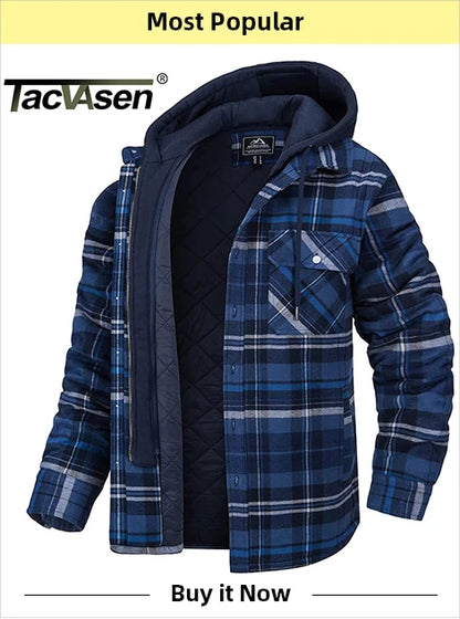 TACVASEN Winter Plaid Cotton Jackets Mens Long Sleeve Quilted Lined Flannel Shirt Jacket Multi-Pockets Outwear Hiking Coats Tops