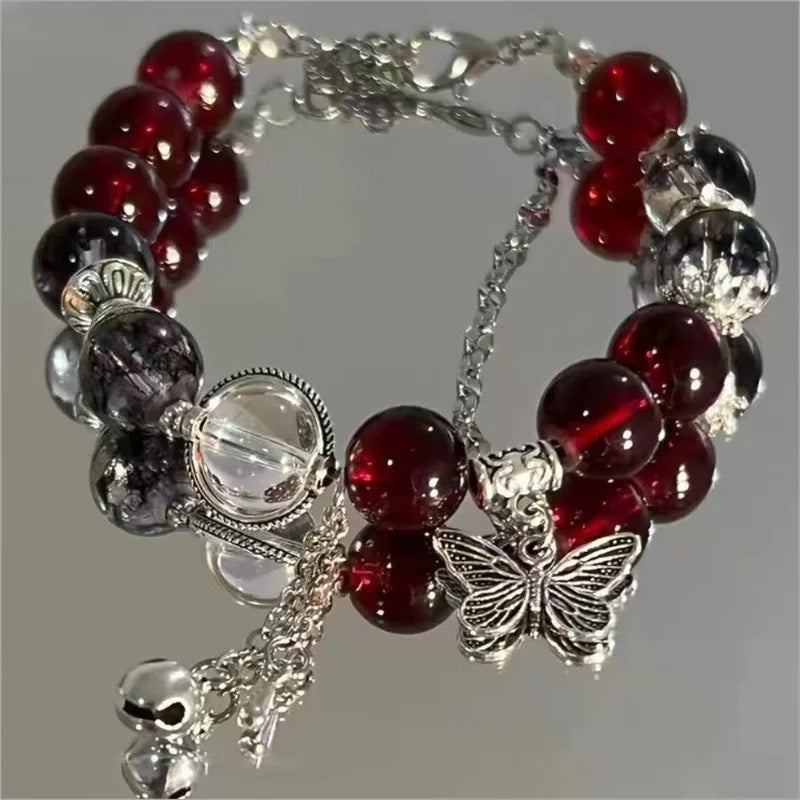 Creative Personalized Beaded Bracelet Red Crystal Feather Pendant Bracelet New Women Vintage Elastic Beaded Chain Accessories