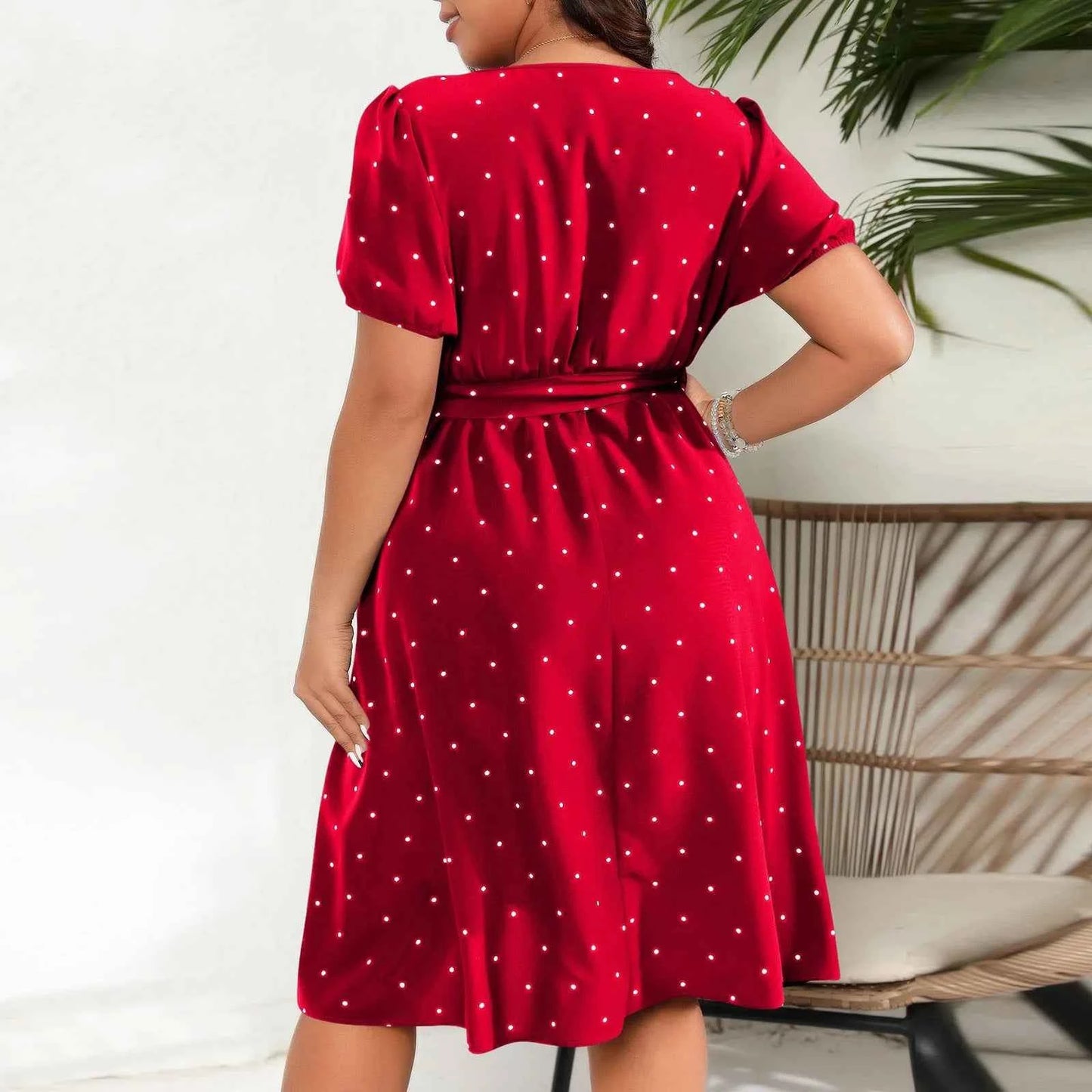 Plus Size Ladies Elegant Retro Polka Dot Waist Tie Square Neck Dress Classic Fashion Summer Short Sleeve Vacation A-line Skirt