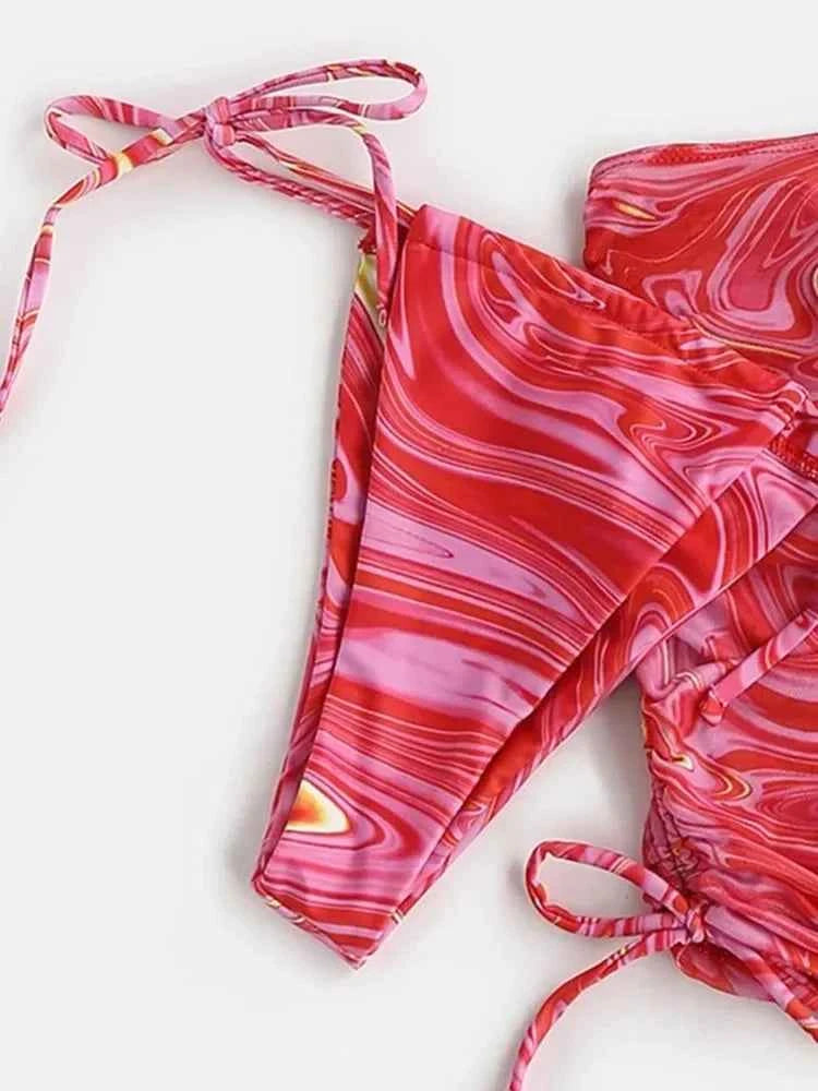 2024 New Wave Print Swimsuit Sexy Bathing Suits 4 Piece Bikinis Beach Sarong Micro Thong Swimwear Women Beachwear