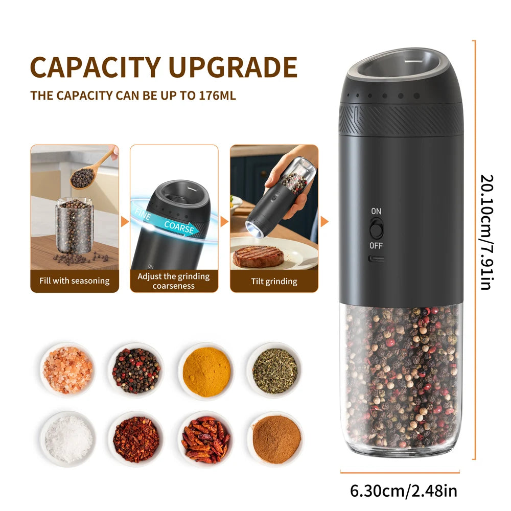1/2PCS Electric Salt And Pepper Grinder with LED Light Gravity Sensing Adjustable Spice Mills Cordless Automatic Kitchen Gadget - AMULET RING STORE