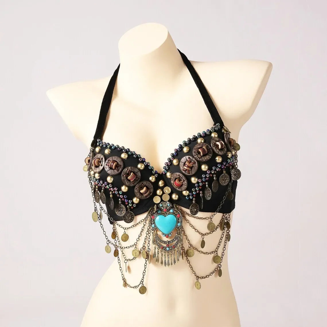 Vintage Gypsy Bra Tribal Belly Dance Push Up Bra Wooden Beads Top with Swags and Turquoise Medallion