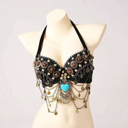 Vintage Gypsy Bra Tribal Belly Dance Push Up Bra Wooden Beads Top with Swags and Turquoise Medallion