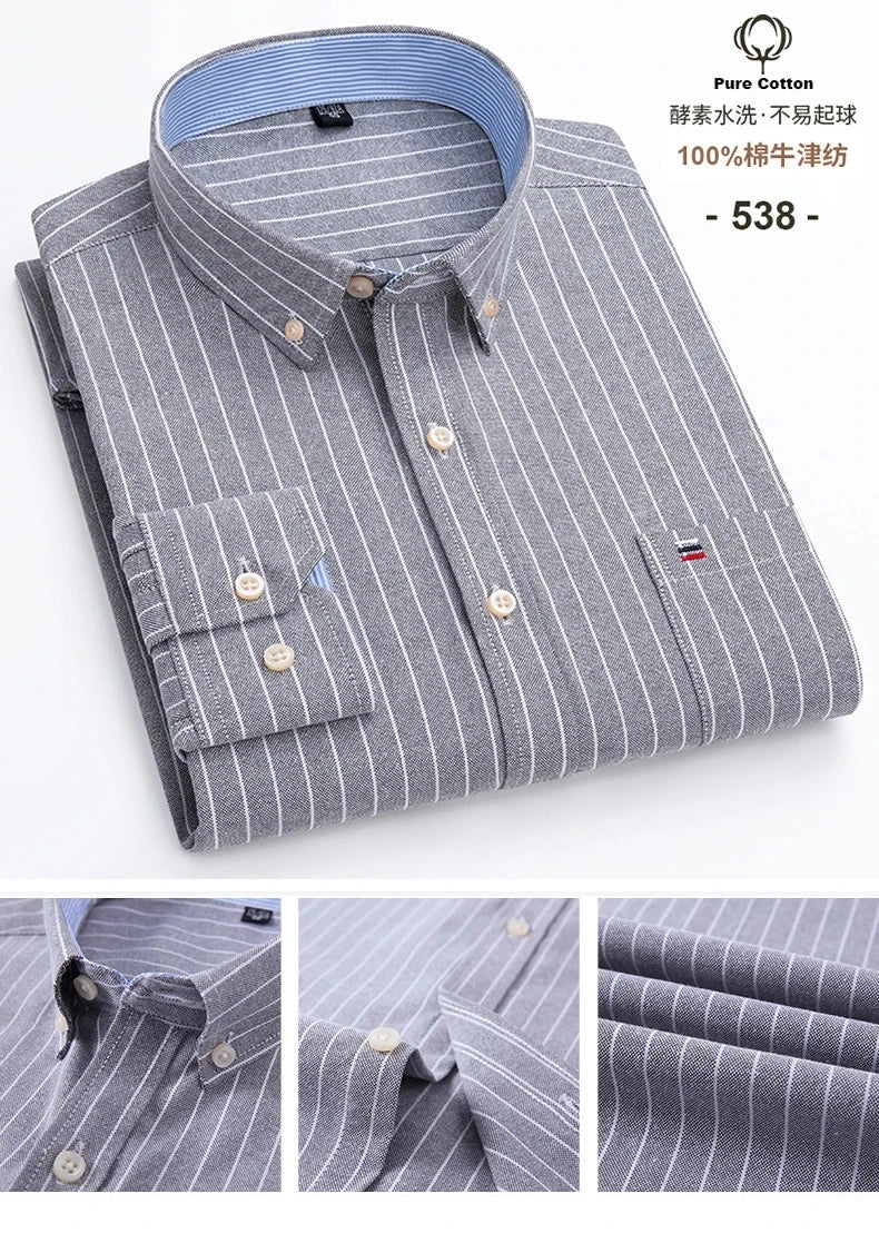 100% Cotton Oxford Men's Shirts Long Sleeves Plaid Soft Regular Fit Formal Dress Shirt Pocket Social Blouse Male Clothes S-7XL