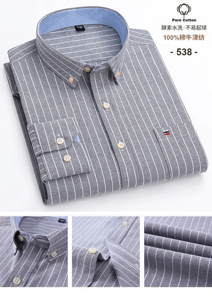 100% Cotton Oxford Men's Shirts Long Sleeves Plaid Soft Regular Fit Formal Dress Shirt Pocket Social Blouse Male Clothes S-7XL