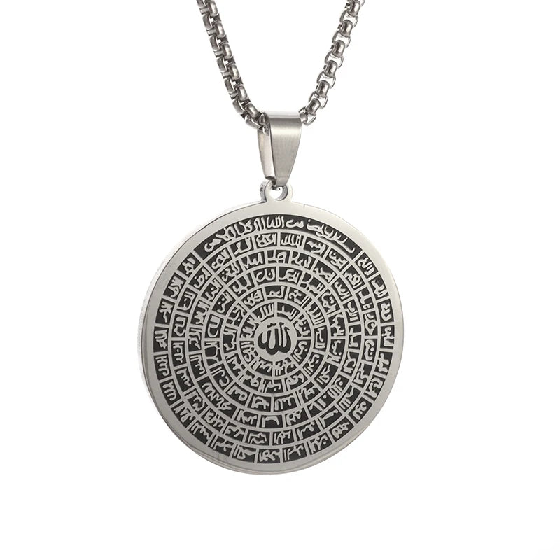 Exquisite Stainless Steel Islamic Muslim Medal Necklace Scripture Pendant Religious Amulet Jewelry for Men and Women