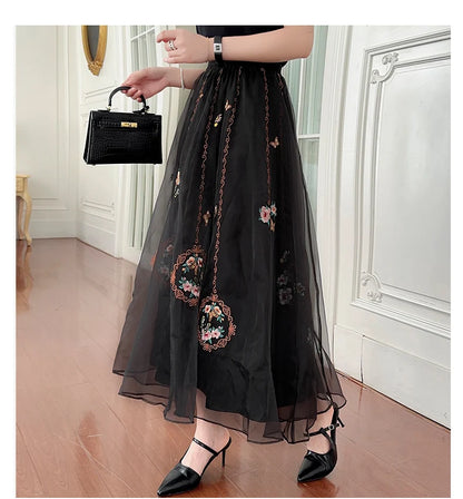 Chinese Style Retro Long Skirt Flowers Embroidered Summer Fairy Skirt Elastic Waist Gauze Skirt Party Lady A-line Skirts