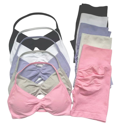 2PCS Yoga Gym Set Women Seamless Strappy Yoga Bra Top High Waist Workout Scrunch Shorts Sports Suit Fitness Clothes Sportswear