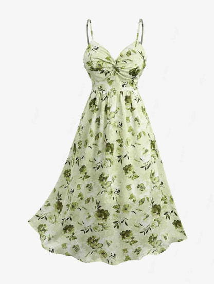 ROSEGAL Plus Size Women Floral Sundress Set Lace Up Ribbed Crop Top And Ruffles Floral Leaf Print Twist Cami Dres New Arrived