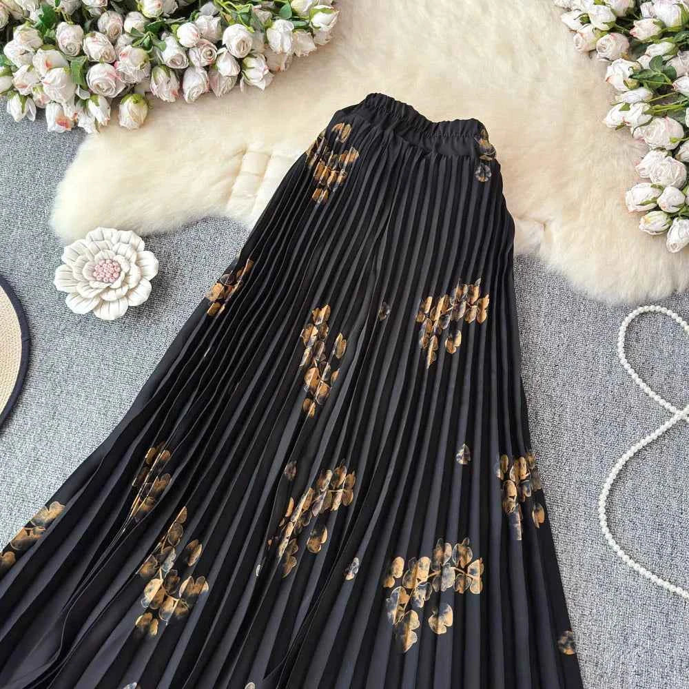 Chiffon A-Line Midi Skirt Women's Autumn 2025 New Sle Cover Hip Draped Large Swing Umbrella Skirt Pleated Floral Skirt