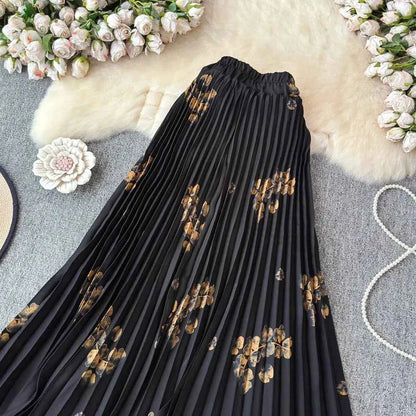Chiffon A-Line Midi Skirt Women's Autumn 2025 New Sle Cover Hip Draped Large Swing Umbrella Skirt Pleated Floral Skirt