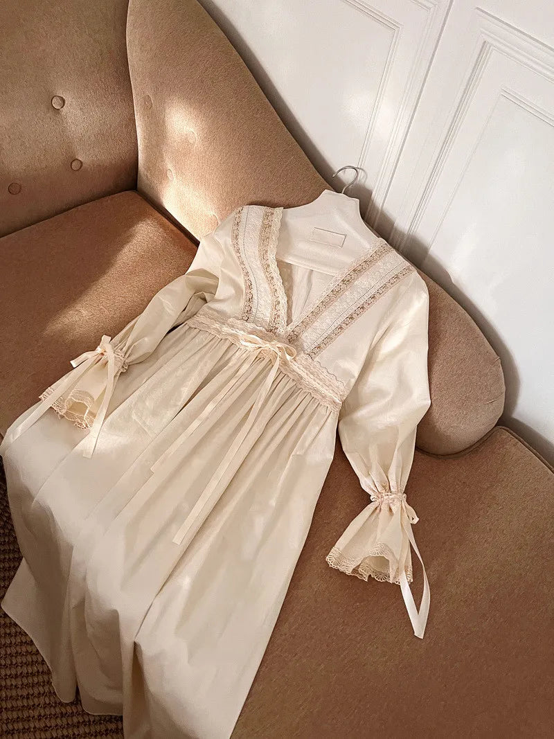 Vintage Embroidery Cotton Long Nightgowns For Lady Lace  Long Sleeve Beige Elegant Nightshirts Comfortable Sexy Night Dress