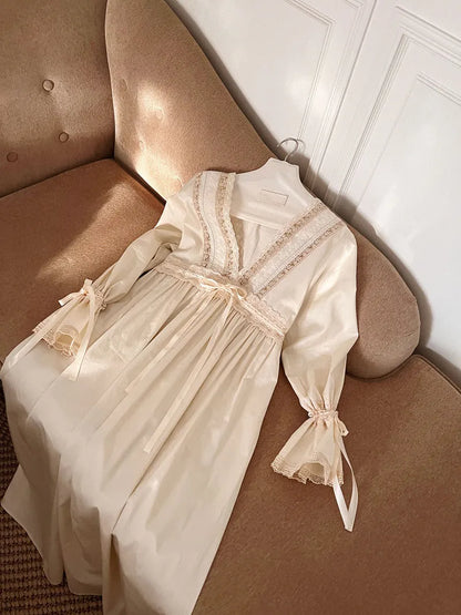Vintage Embroidery Cotton Long Nightgowns For Lady Lace  Long Sleeve Beige Elegant Nightshirts Comfortable Sexy Night Dress