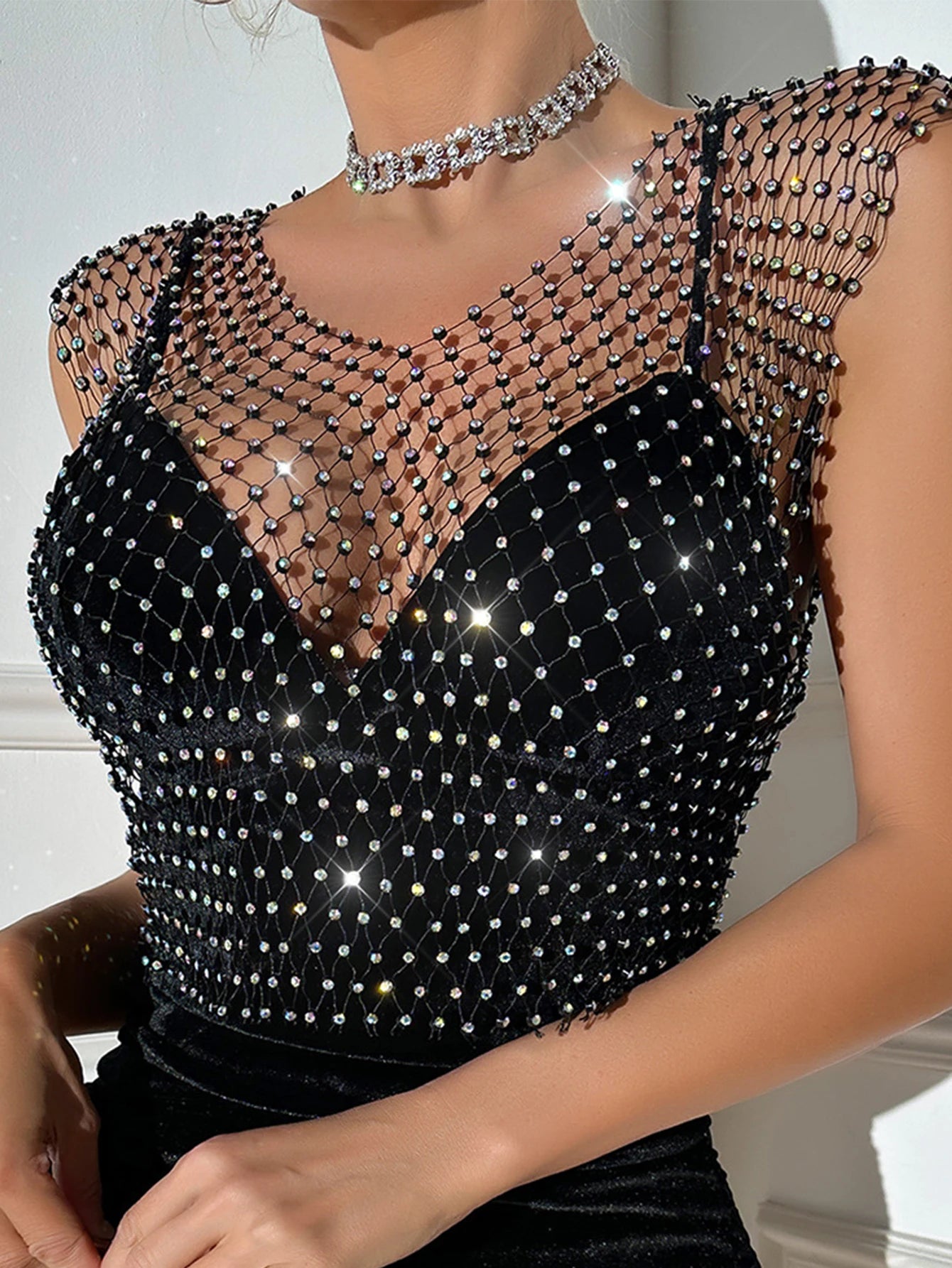 Sexy see through black rhinestone Crop Top Women 2025 Summer Sparkly fishnet beach Party Tank Top night club outfits Tops smock - AMULET RING STORE