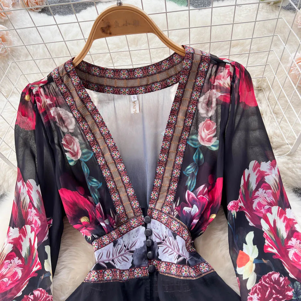 Women Deep V-Neck Bohemian Style Dress Spring Summer Runway Long Sleeve Casual Floral Print Ruffles Sweet Cascading Vestidos