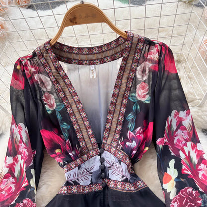 Women Deep V-Neck Bohemian Style Dress Spring Summer Runway Long Sleeve Casual Floral Print Ruffles Sweet Cascading Vestidos