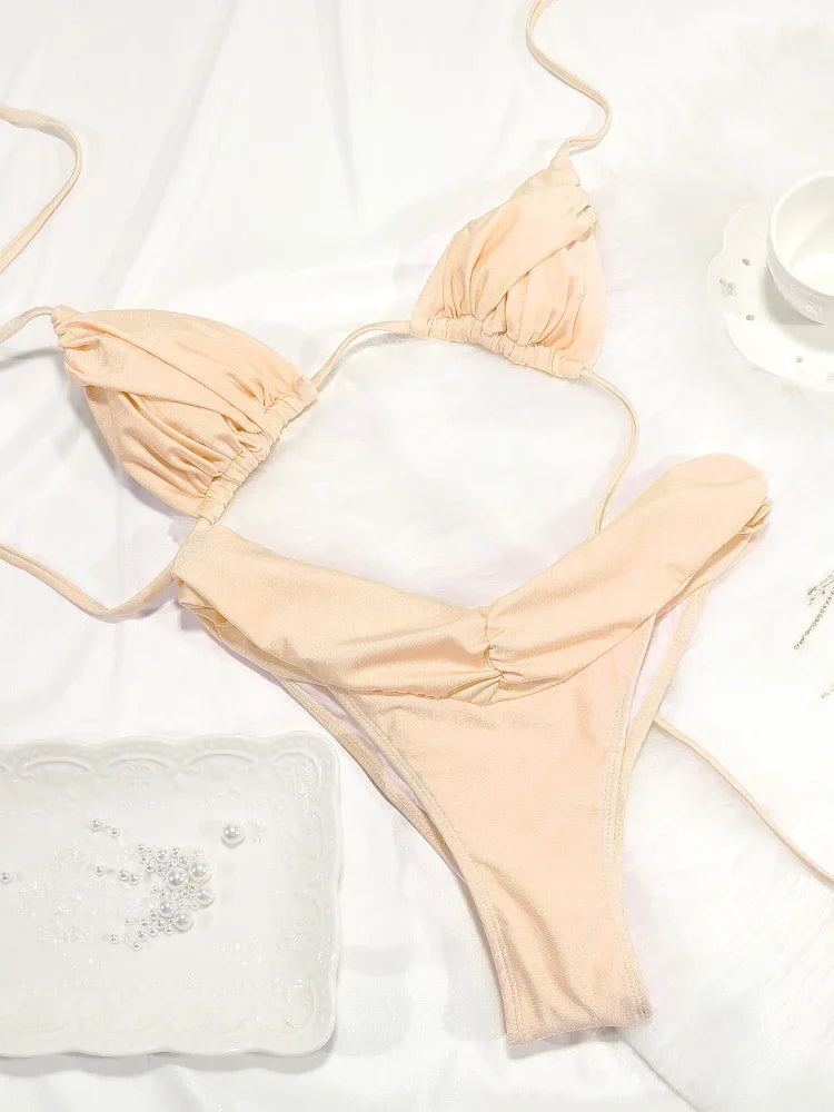 Sexy Folds Bikini Set Solid Micro Bikinis Women Swimsuit Female Triangle Swimwear Beach Wear Bathing Suit