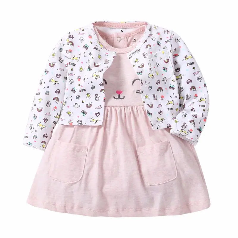 Infant Baby Girls Bodysuit Dress Cotton Floral Baby Girls Long-Sleeved Coat+Short SLeeve Dress 2Pieces Baby Girls Clothes sets