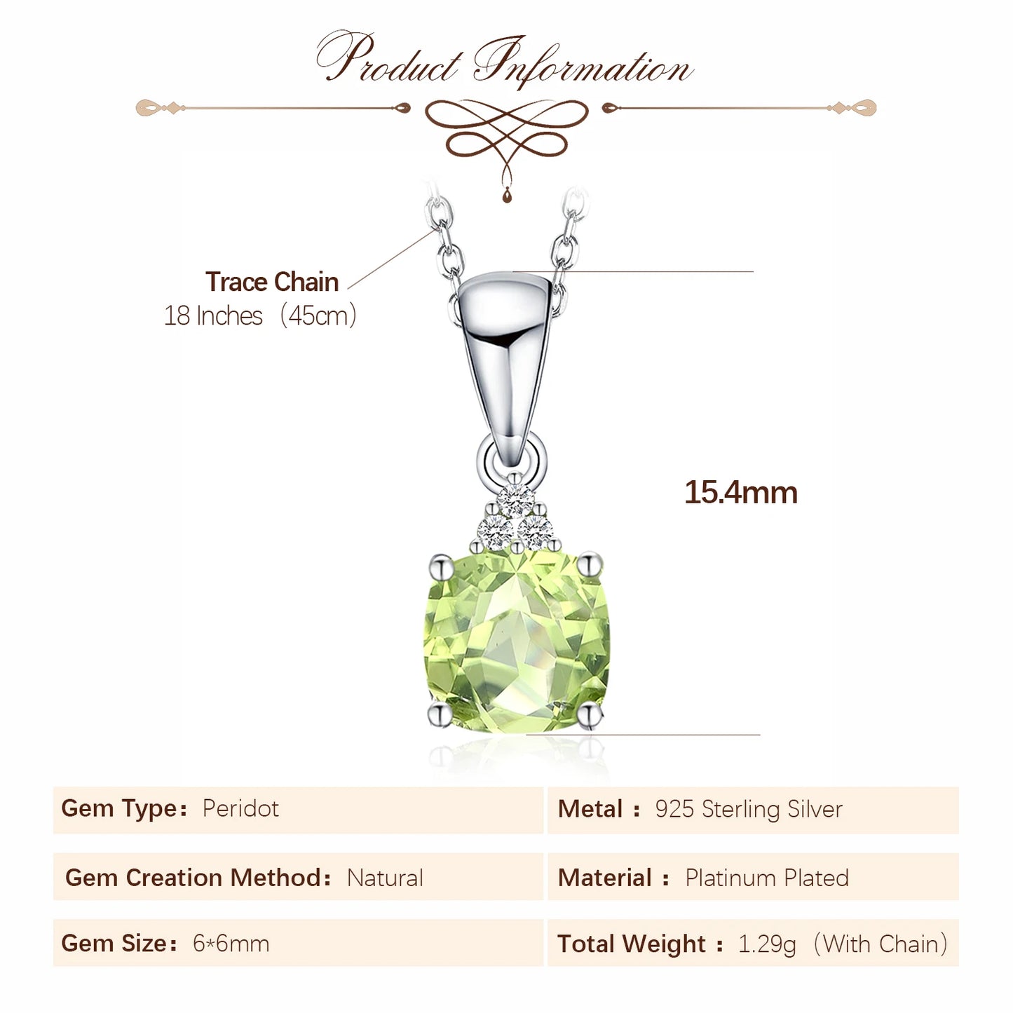 Potiy 1ct Cushion Natural Cut Genuine Peridot Pendant Necklace With 18 Inches Trace Chain 925 Sterling Silver