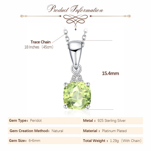 Potiy 1ct Cushion Natural Cut Genuine Peridot Pendant Necklace With 18 Inches Trace Chain 925 Sterling Silver