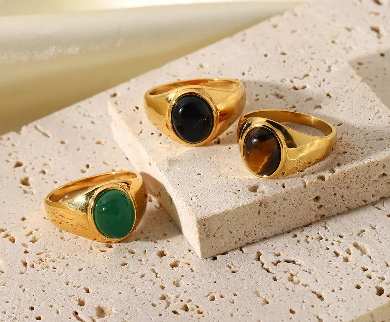 Elegant Vintage Stainless Steel Rings For Women Bohemia Oval Tiger Eye Stone Obsidian Engagement Rings Jewelry