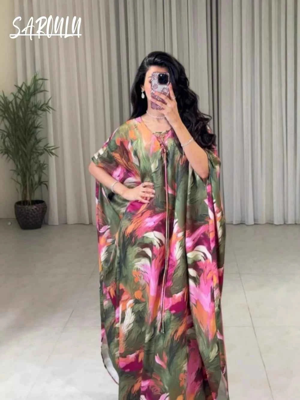 Dubai Printing Kaftan Plus Size Evening Dress Casual Exclusive V Neck On Sale Prom Gown Women New Arrival Date the Middle East