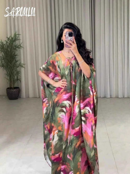Dubai Printing Kaftan Plus Size Evening Dress Casual Exclusive V Neck On Sale Prom Gown Women New Arrival Date the Middle East