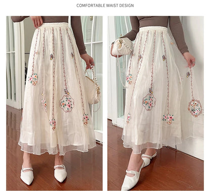 Chinese Style Retro Long Skirt Flowers Embroidered Summer Fairy Skirt Elastic Waist Gauze Skirt Party Lady A-line Skirts