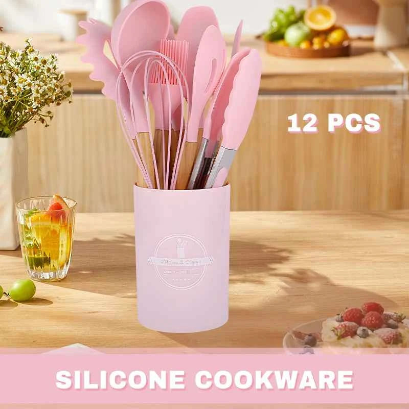 Silicone Cookware Set 12pcs Kitchen Utensil Wooden Handle Non-stick Spatula Shovel Spoon Kitchen Cooking Specialty Tools