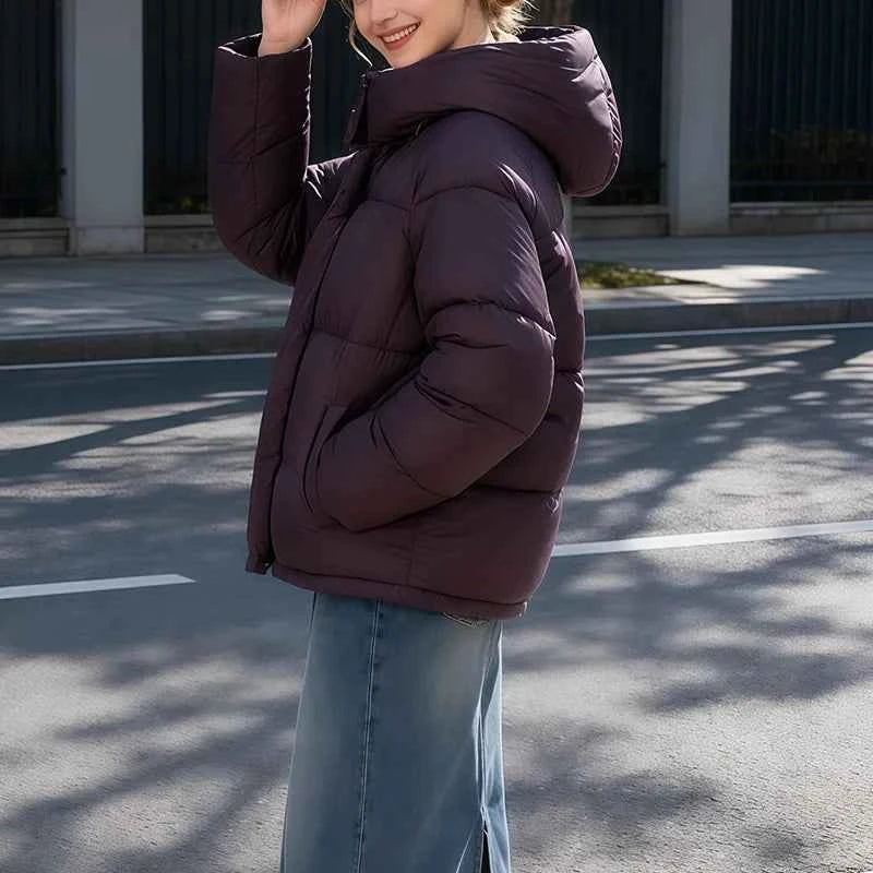 Women's Hooded Purple Cotton Jacket - Quilted Design, Warm Winter Coat, Casual Cold-Weather Outerwear