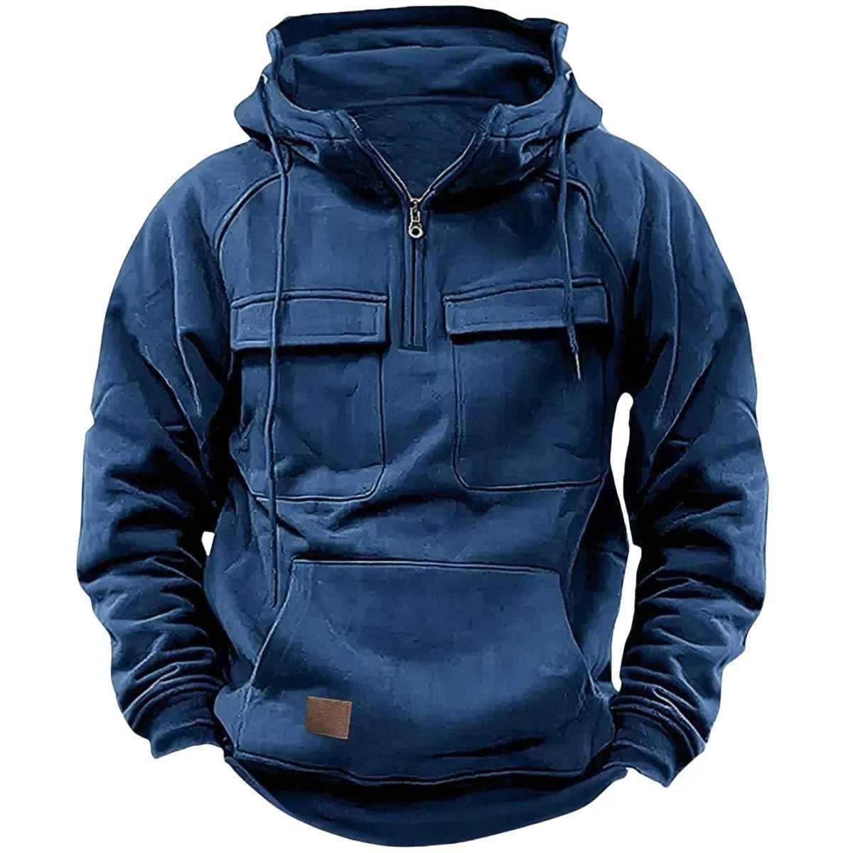Men's half-zip tactical hooded sweatshirt, solid-color warm fleece workwear style sweatshirt, men's multi-pocket hooded jacket