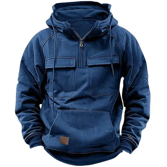 Men's half-zip tactical hooded sweatshirt, solid-color warm fleece workwear style sweatshirt, men's multi-pocket hooded jacket