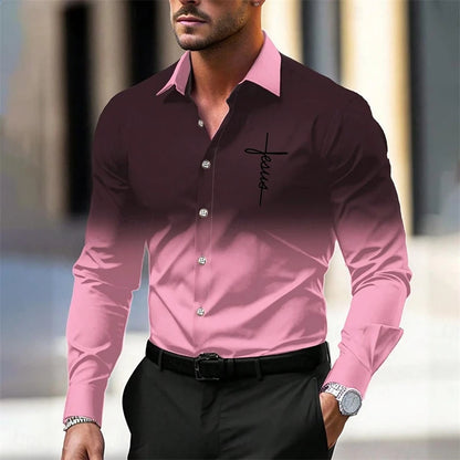 Simple Jesus Pattern Shirts For Men Spring Autumn Fashion 3D Printed Gradient Christian Long Sleeve Shirt Casual Loose Blouse